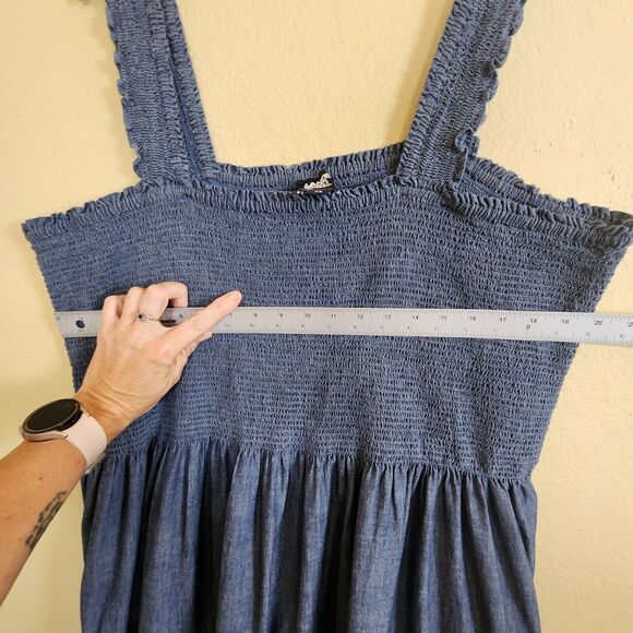 Lands End  Tiered Tank Maxi Smocked Square‎ Neck Prarie Boho Chambray Dobby  3XL - Picture 7 of 11